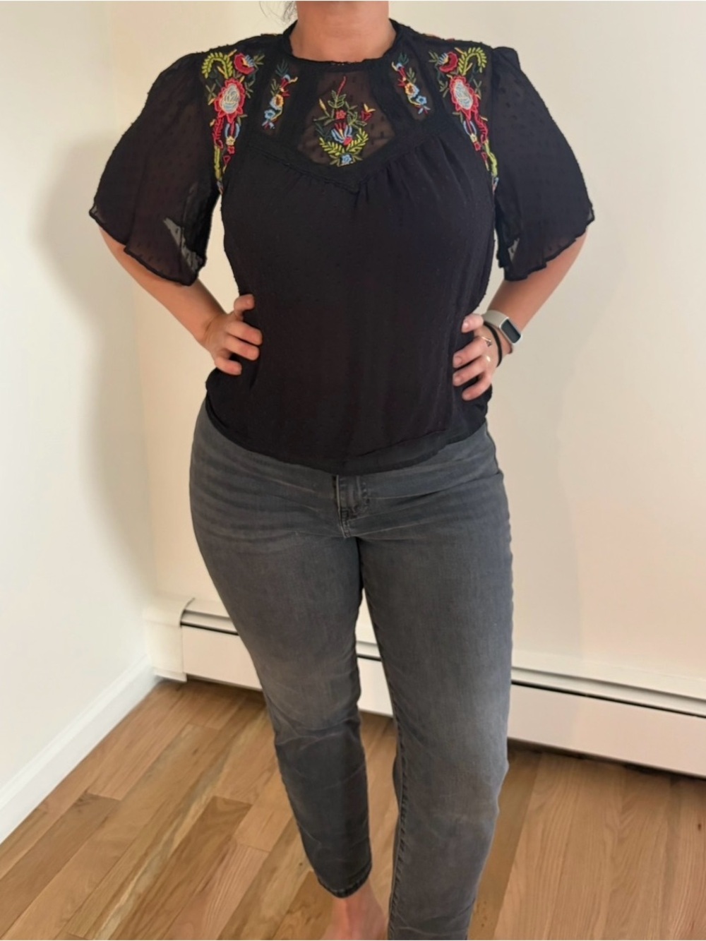 Black Embroidered Floral Boho Short-Sleeve Blouse